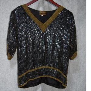 Tan-Chho Black & Gold Sequin Beaded Silk Top Size S
